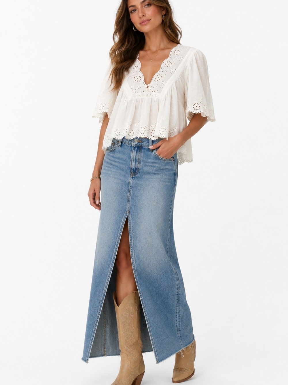 Free People White Eyelet V-Neck Babydoll Top